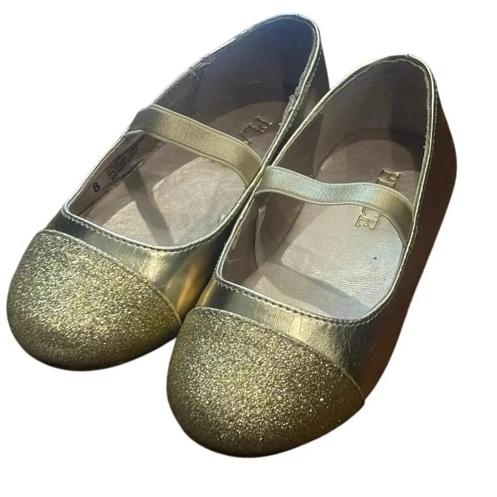 The Children’s Place Gold Glitter Mary Jane Flats Girls Size 8 Dress Shoes